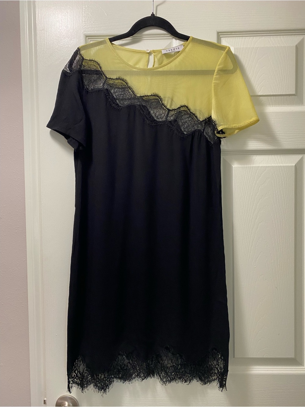 Sandro Black and Neon Yellow Lace-Trim Mini Dress